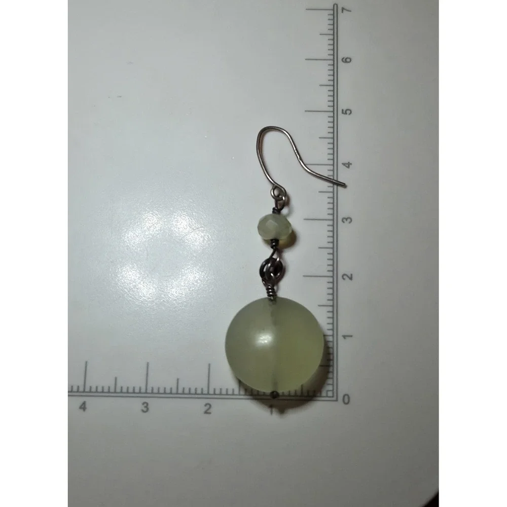 Vintage Sterling Silver Round Green Chalcedony Dangle Hook Earrings
